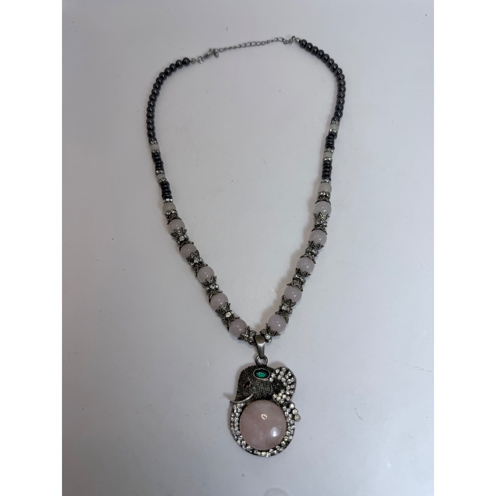 Pink Quartz Hematite Beaded Elephant‎ Pendant Statement Necklace Silver Tone
